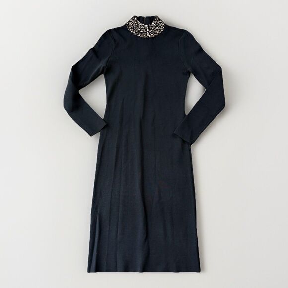 Eliza J Black Bodycon Knit Midi Dress Size M Mock Neck Rhinestone Long Sleeve - Picture 1 of 8